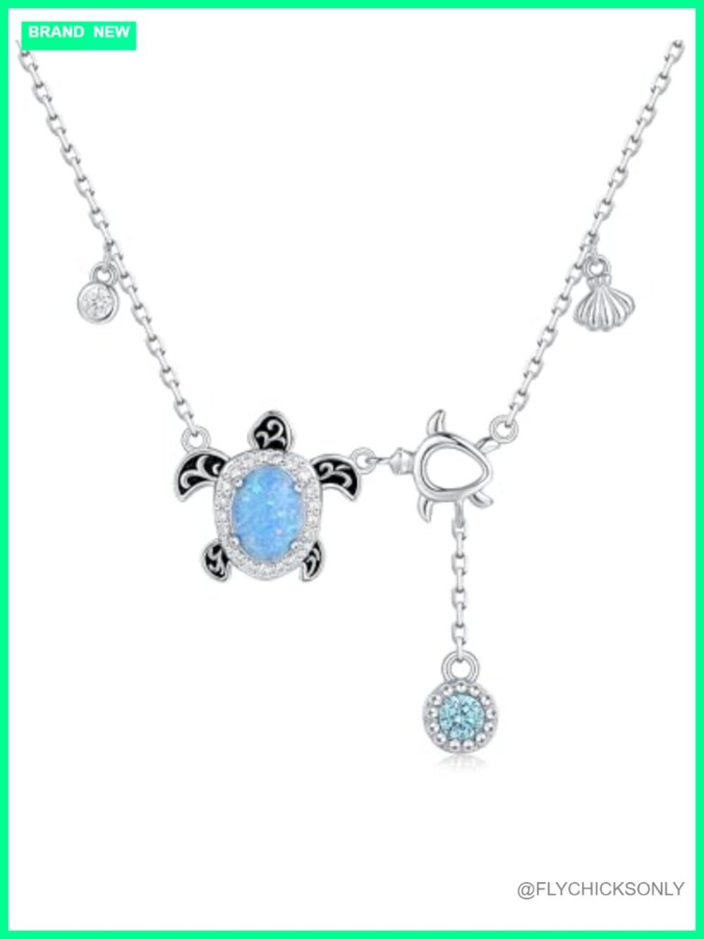 925 Sterling Silver Opal Sea Turtle Necklace Platinum Plated 18+2" Adjustable